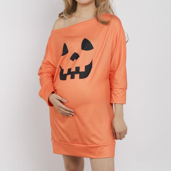 Maternity Off Shoulder Halloween Pumpkin Print Loose Mini Dress