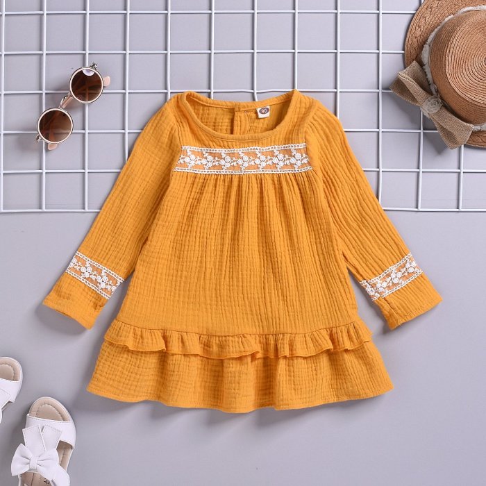 Baby Girls Dress Lace Solid Color Long Sleeve Ruched Ruffles Dress