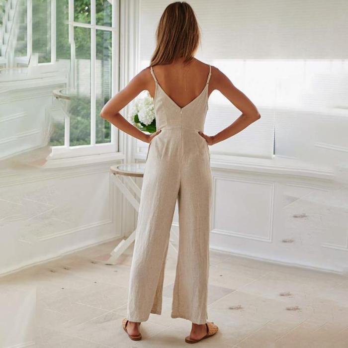 Maternity Fashion Casual Solid Color V-Neck Sling Jumpsuit