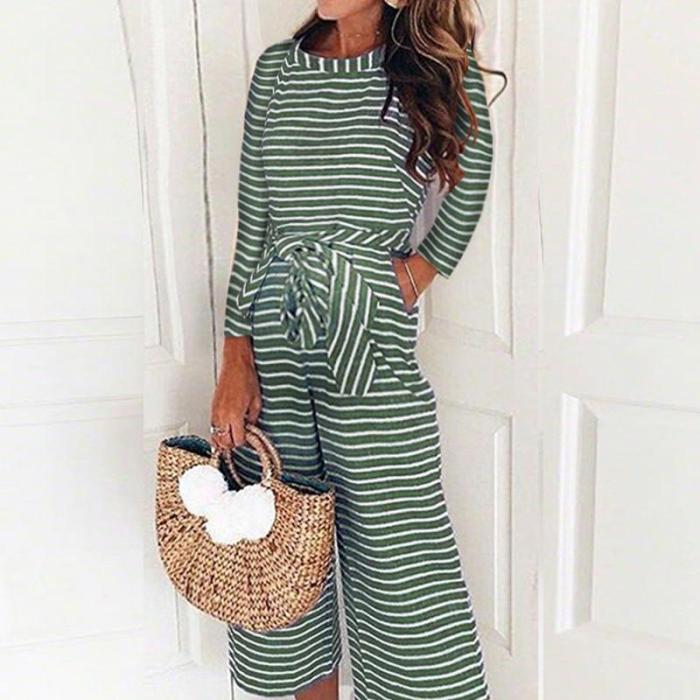 Maternity Round Neck Striped Long Sleeve Jumpsuit