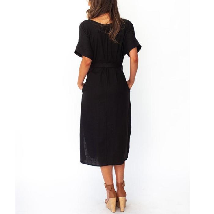 Maternity V-Neck A Slit - Belted Dress With Short Sleeves