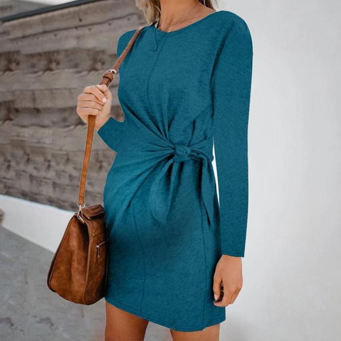 Maternity Fashion Round Neck Pure Colour Belted Dress