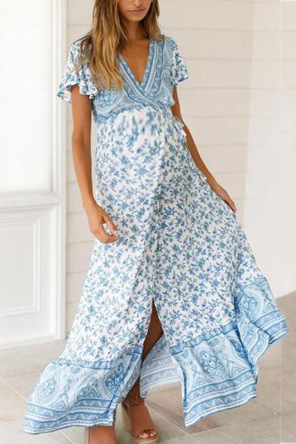 Maternity Printed With Short Sleeves Casual Long Dress