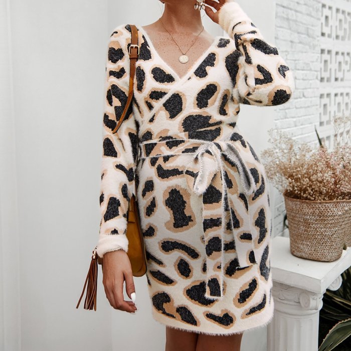 Maternity fashion temperament leopard V-neck dress