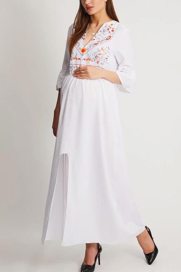 Maternity Deep V Neck Printed Maxi Dress