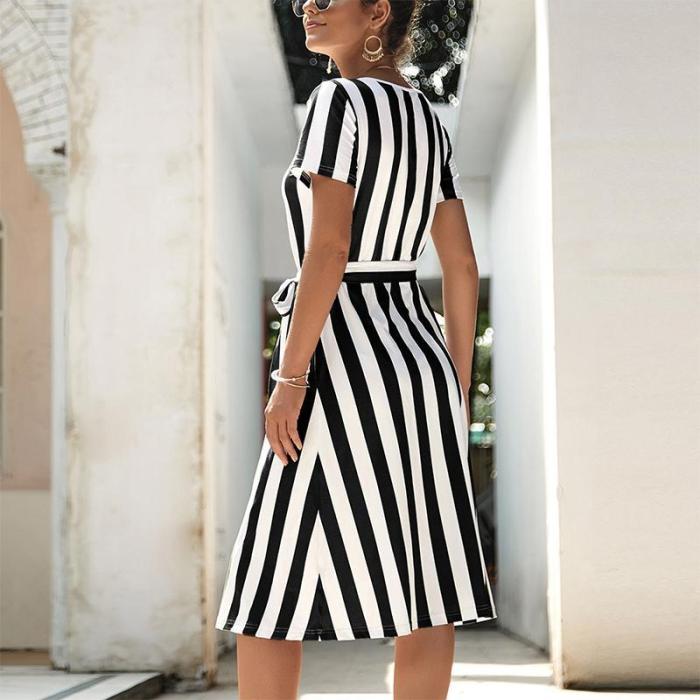 Maternity Casual Short Sleeve Pure Color Striped Belted Dress