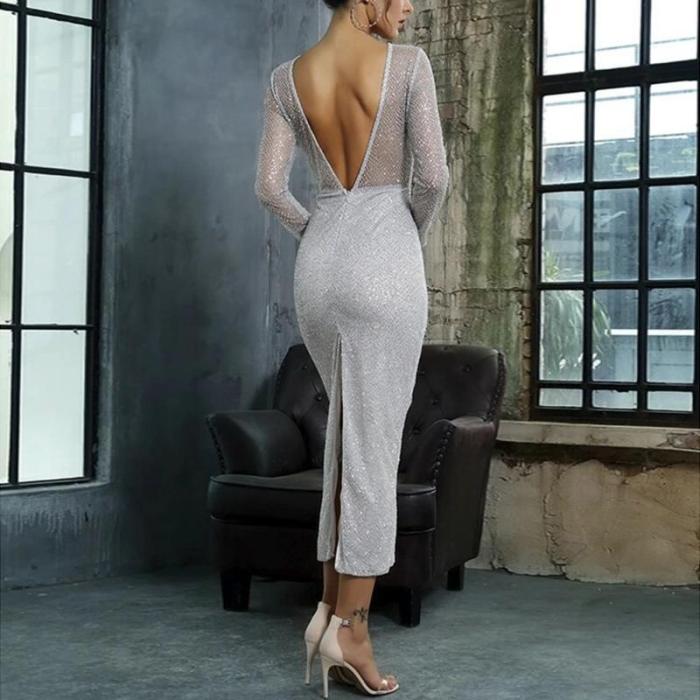 Maternity round neck see-through bare back long evening dress