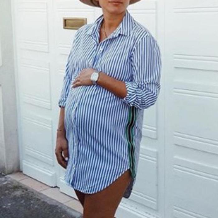 Maternity Stand Collar Stripe Long Sleeve Dress