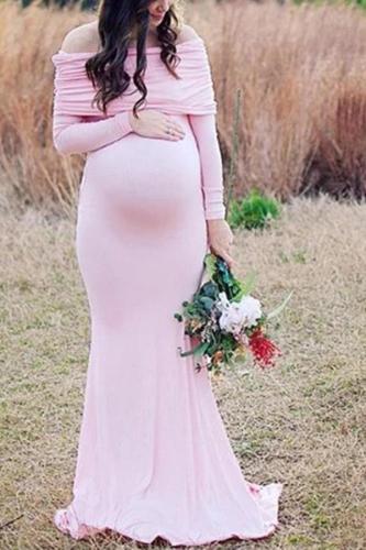 Maternity Elegant Off Shoulder Pure Color Long Sleeve Dress
