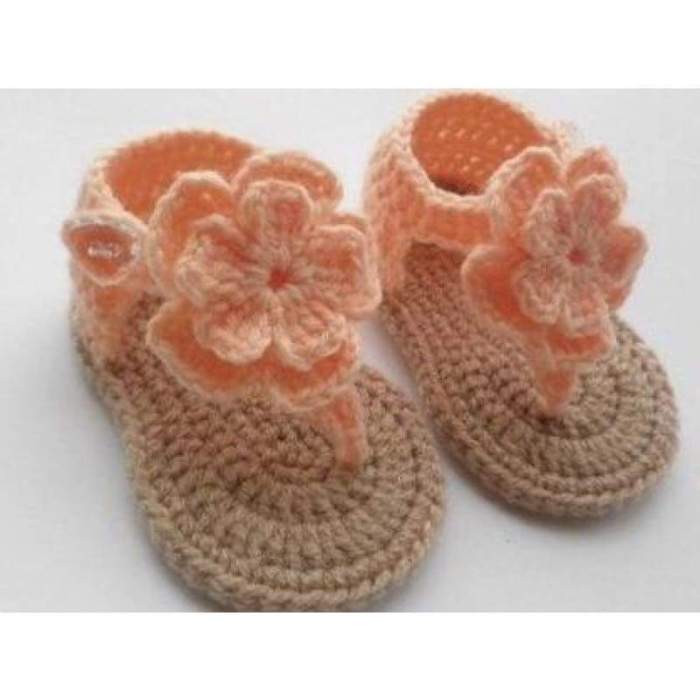 Crochet Baby Shoes Sandals Hibiscus Flower Coral ( 0-9 Months)