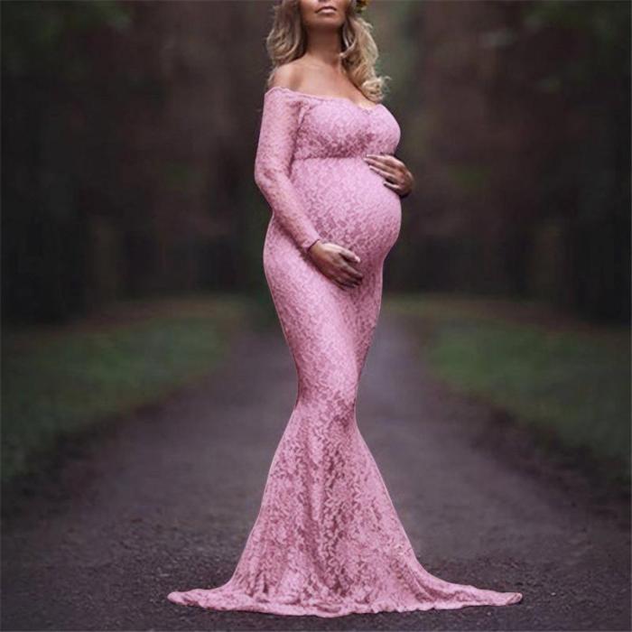 Sexy Word Collar Lace Mopping Long Maternity Dress