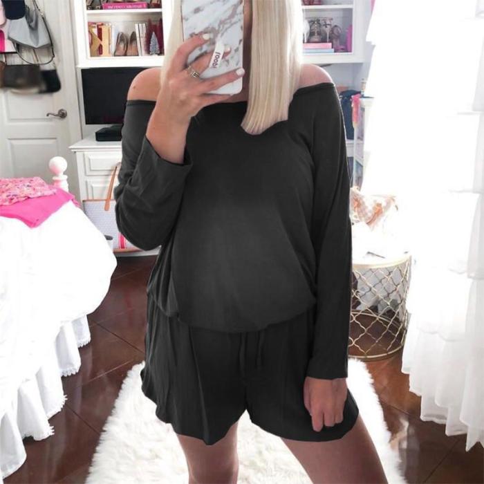 Maternity Casual Off Shoulder Pure Color Long Sleeve Romper