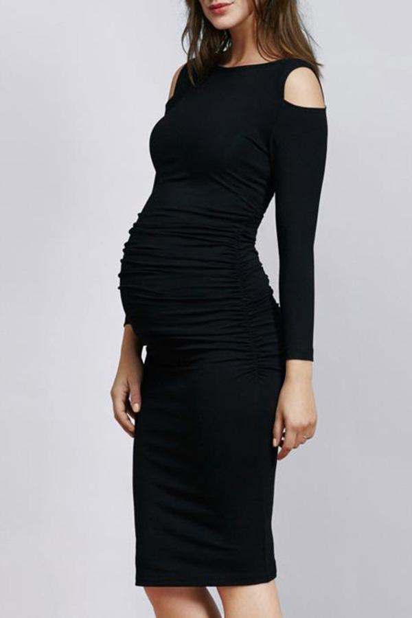 Maternity Solid Black Cold Shoulder Knee-Length Dress
