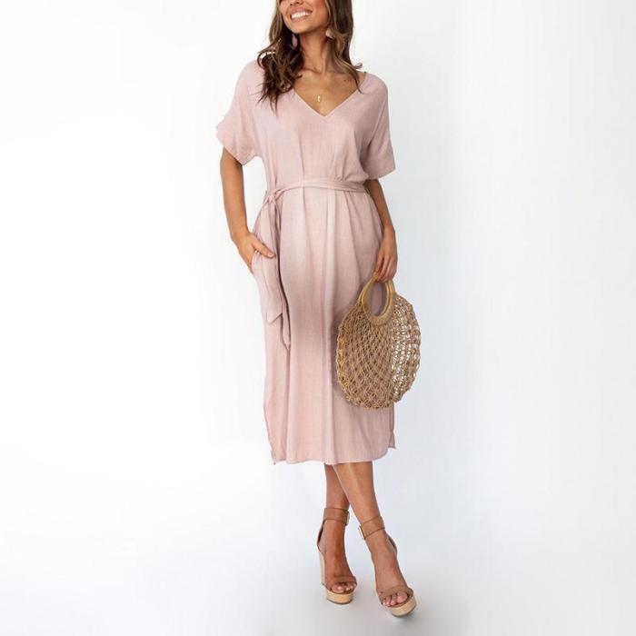 Maternity Casual V Neck Pure Colour Belted Dress