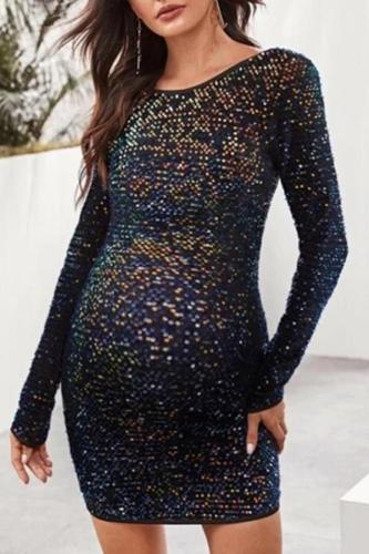 Maternity Solid Color Sequined Backless Long Sleeve Slim Dress