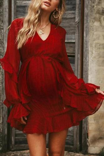 Maternity Casual V-Neck Petal Sleeve Belted Red Dress