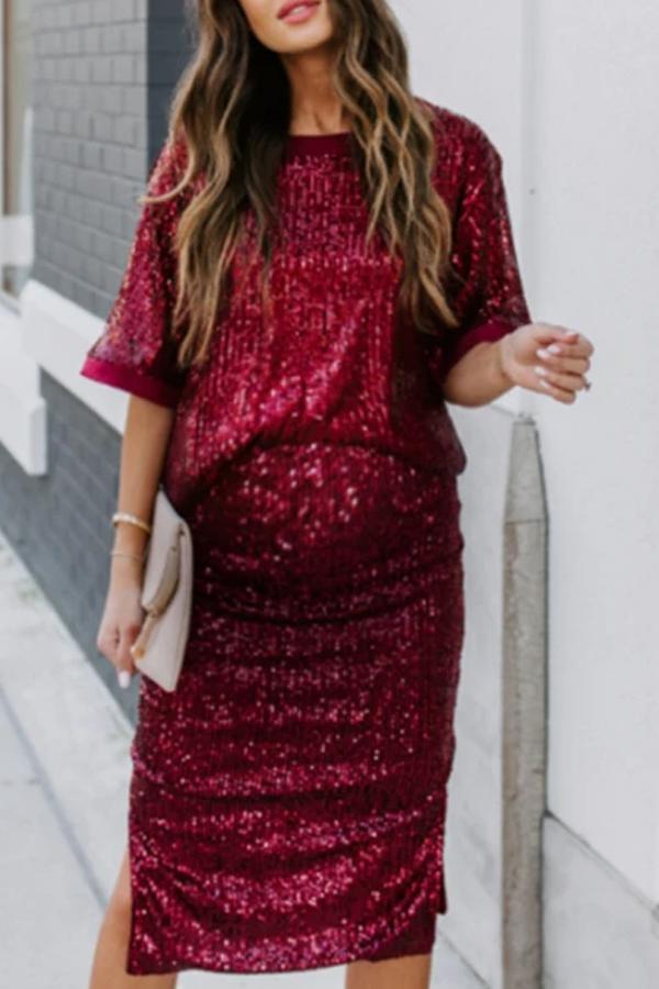 Maternity Fashion Round Neck Solid Color Sequin Short Sleeve Dress