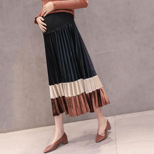 Maternity Fashion Velvet Colorblock Pleated Skirt