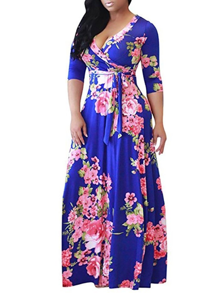 V-Neck  Belt  Floral Plus Size Midi & Maxi Dresses
