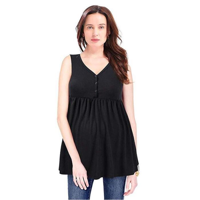 2020 Button Sleeveless Solid Color Pleated T-shirt for Pregnant Women