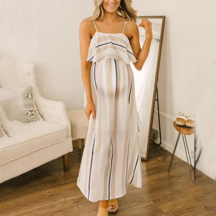 Maternity Spaghetti Strap Stripe Maxi Dress