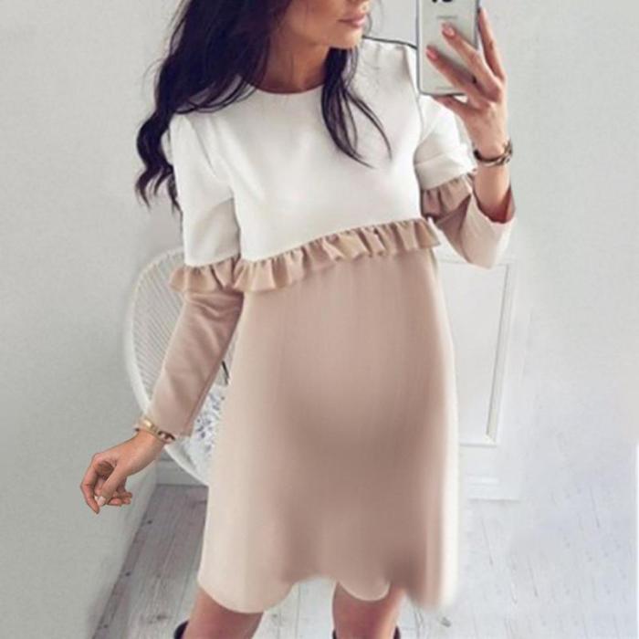 Maternity Wooden Ear Color Matching Long Sleeve Dress