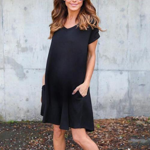 Maternity Casual Pure Color V Neck Short Sleeve Dress