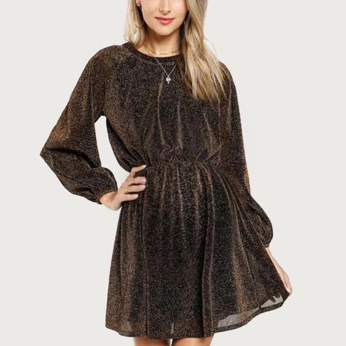Maternity Fashion Solid Color Round Neck Sequined Long Sleeve Dress