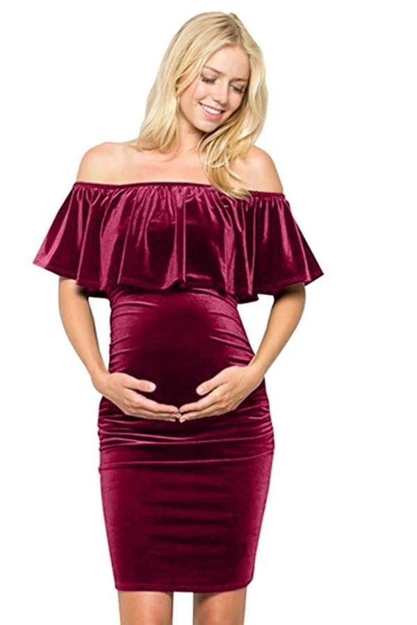 Maternity Dress Premium Soft Stretch Cold Shoulder Photography Party Bodycon