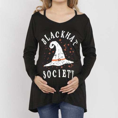 Maternity Halloween Printed Long Sleeve Cut Out V-Neck Shirt
