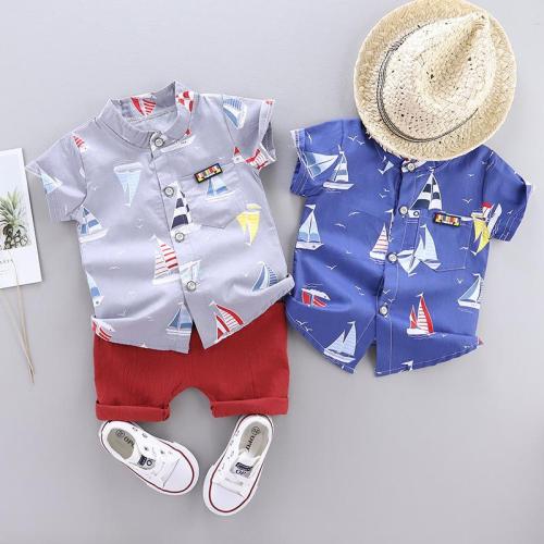Boy's new summer stand collar sailboat short sleeve shirt solid color shorts two piece set