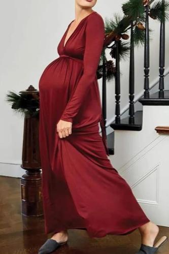 Maternity Sexy Solid Color Deep V High Waist Long Dress
