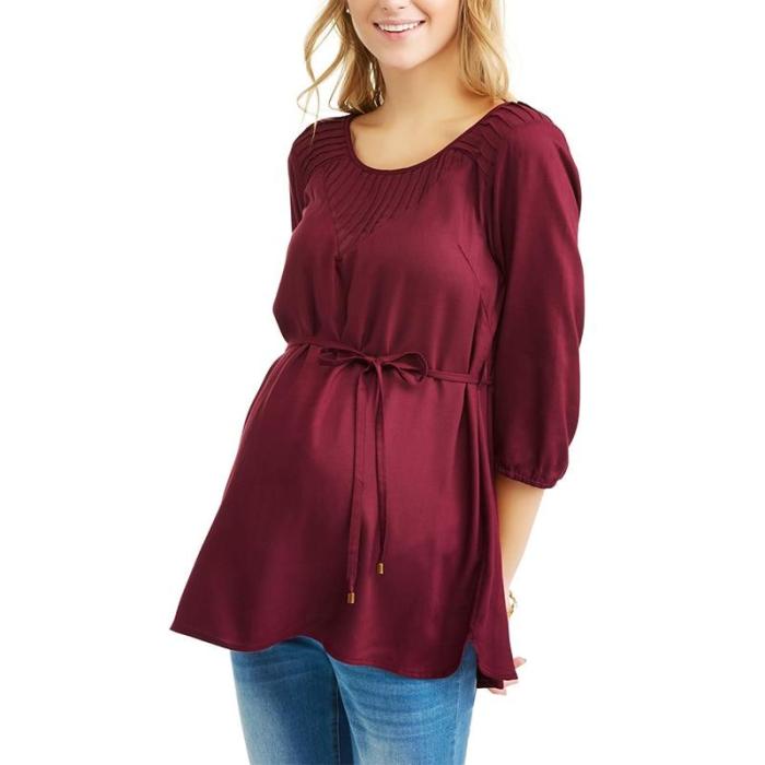 Maternity Blouses Casual Loose Elegant O Neck Three Quarter Solid Shirts