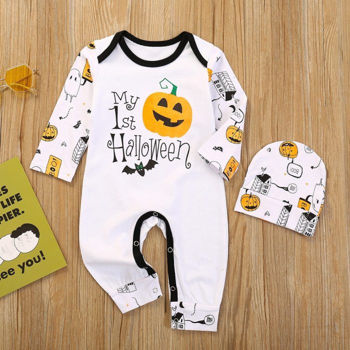 2pcs Baby Girls Boys Children Bodysuit Cartoon Halloween Pumpkin Clothes Set Infant Romper Hats Outfits