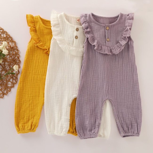Newborn Infant Baby Girl Clothes Solid Button Cotton Linen Romper Jumpsuit Outfits Toddler Rompers