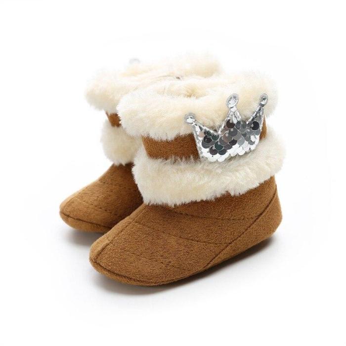 Fashion Newborn Infant Baby Girls Winter Warm Casual Boots Crown Fur Mid-Calf Length Slip-On Furry Baby Shoes 0-18M