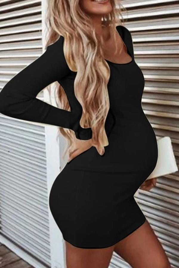 Maternity Dresses Women Pregnant O-Neck Long Sleeve Solid High Elastic Soft Mini Dress