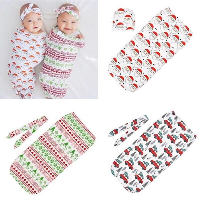 Newborns Baby christmas sack + Knot headband or Hat 2pcs Set Infant Printed Swaddle Wrap Sleeping bag Kids Photography Props