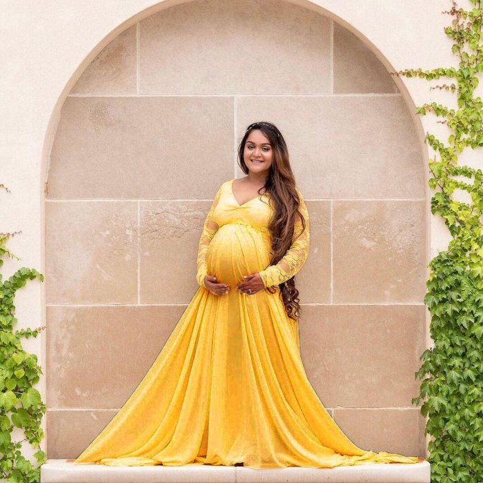 Lace See-Through Sleeve V neck Maternity  Photoshoot Gowns Dress