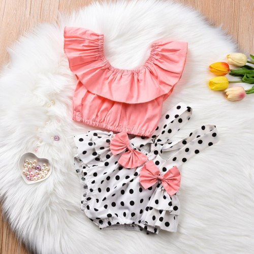 New Summer Clothes For Baby Girl Infant Baby Girls summer Shirt Tops Bow Dot Ruffle Suspender Shorts Outfits Set