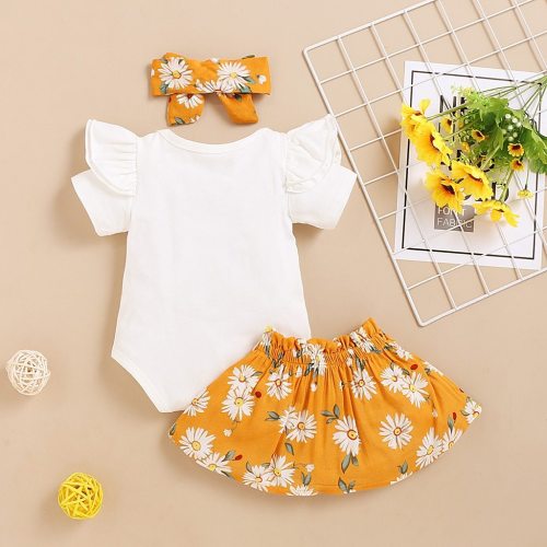 Fashion baby girl clothes summer Infant Baby Girl Solid Romper+Sunflower Print Skirts+Headbands Outfits