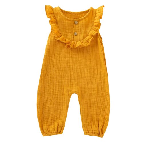Newborn Infant Baby Girl Clothes Solid Button Cotton Linen Romper Jumpsuit Outfits Toddler Rompers