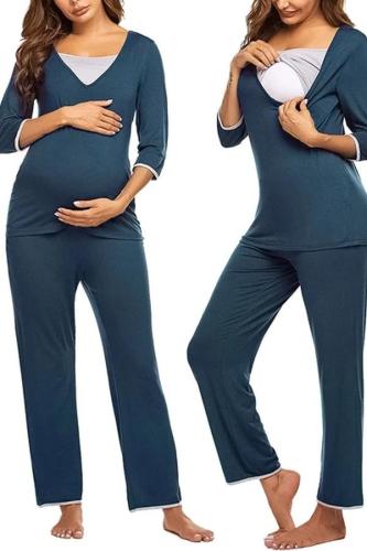Women Maternity Long Sleeve Nursing Baby T-shirt Tops+Pants Pajamas Set