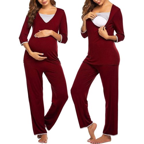 Fashion Women Maternity 3/4 Long Sleeve Nursing Baby T-shirt Tops+Pants Pajamas Set