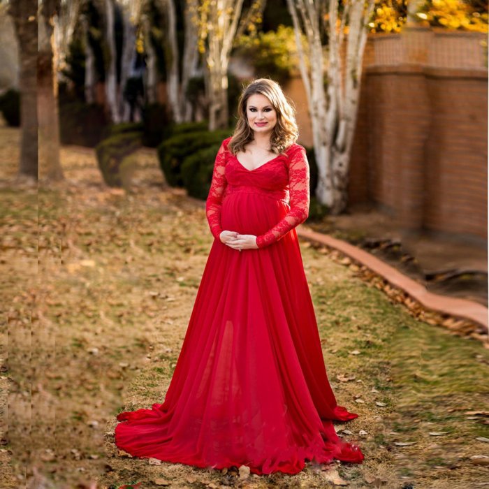 Lace See-Through Sleeve V neck Maternity  Photoshoot Gowns Dress