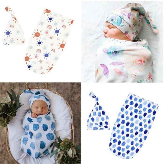 0-3months Newborn Baby Sage Swaddle and Top Knot Hat 2pcs Set Infant Printed Swaddle Wrap Sleep Sack Kids Photography Props