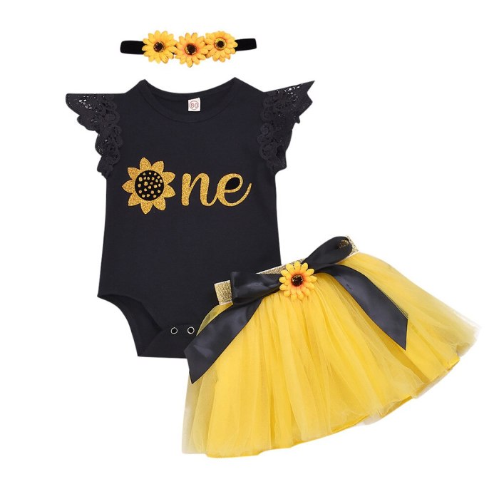 New Infant Baby Girls Clothes Sunflower Print Sleeveless Romper Tulle Dress With Headband Outfits Sets