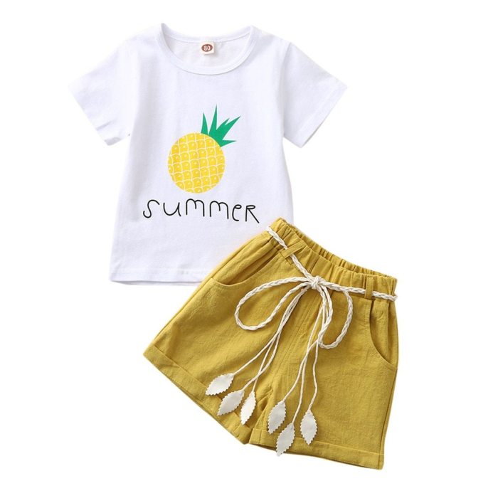 Toddler Kids Baby Girl Strawberry Pineapple Lemon Fruit Letter Print Tops + Shorts Outfits Set