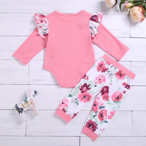 2pcs hot sale Infant Baby Girls Letter Flower Print Romper Pants Outfits Set Fashion Long Sleeve O-neck Baby Girl Clothes