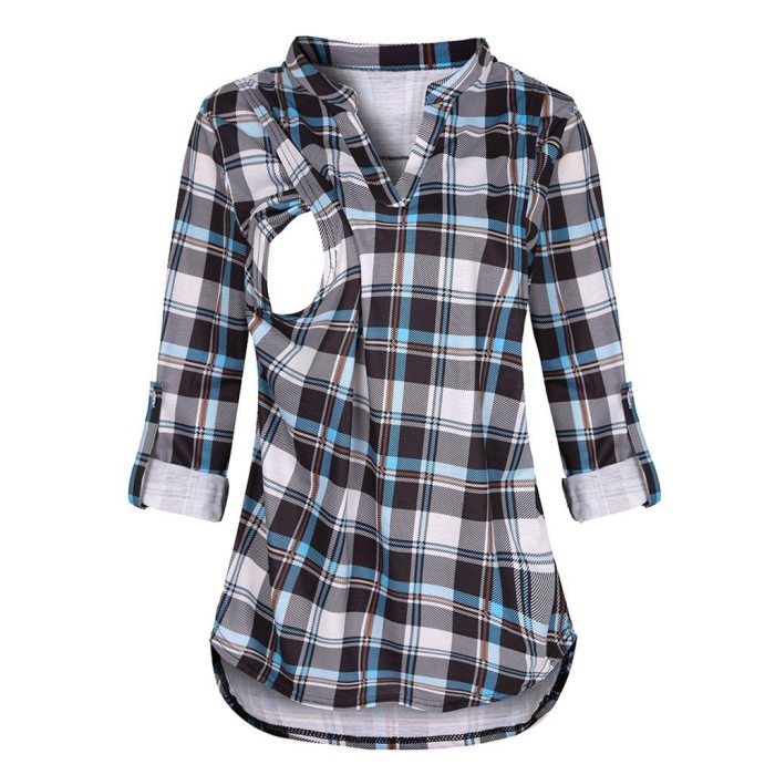 Women Maternity Tops Long Sleeve Plaid Print Nursing Tops Blouse For Breastfeeding Maternity Clothes
